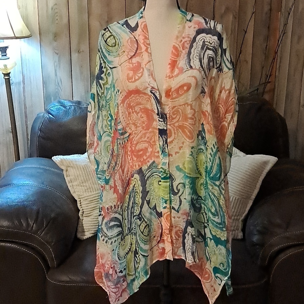 CHICO'S Womens L/XL Button Down Linen Kimono Top/Cover Up Floral Short Sleeve